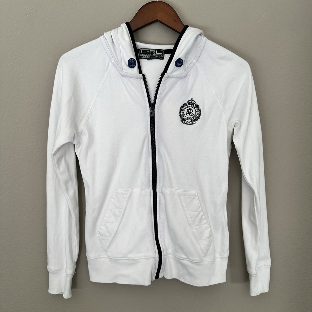 Ralph Lauren White Hoodie Sweater Full Zip Crest Preppy Old Money Equestrian Y2K